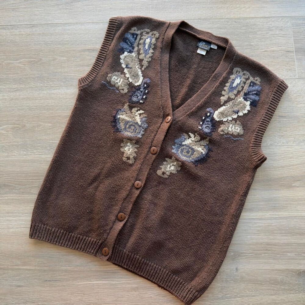 VTG 90's Chocolate Brown & Blue Knit Sweater Vest Paisley Floral Cottage Granny